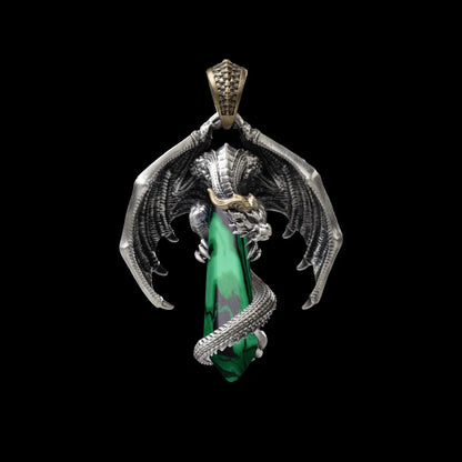 White Bronze With Brass Skybound Dragon Pendant Malachite