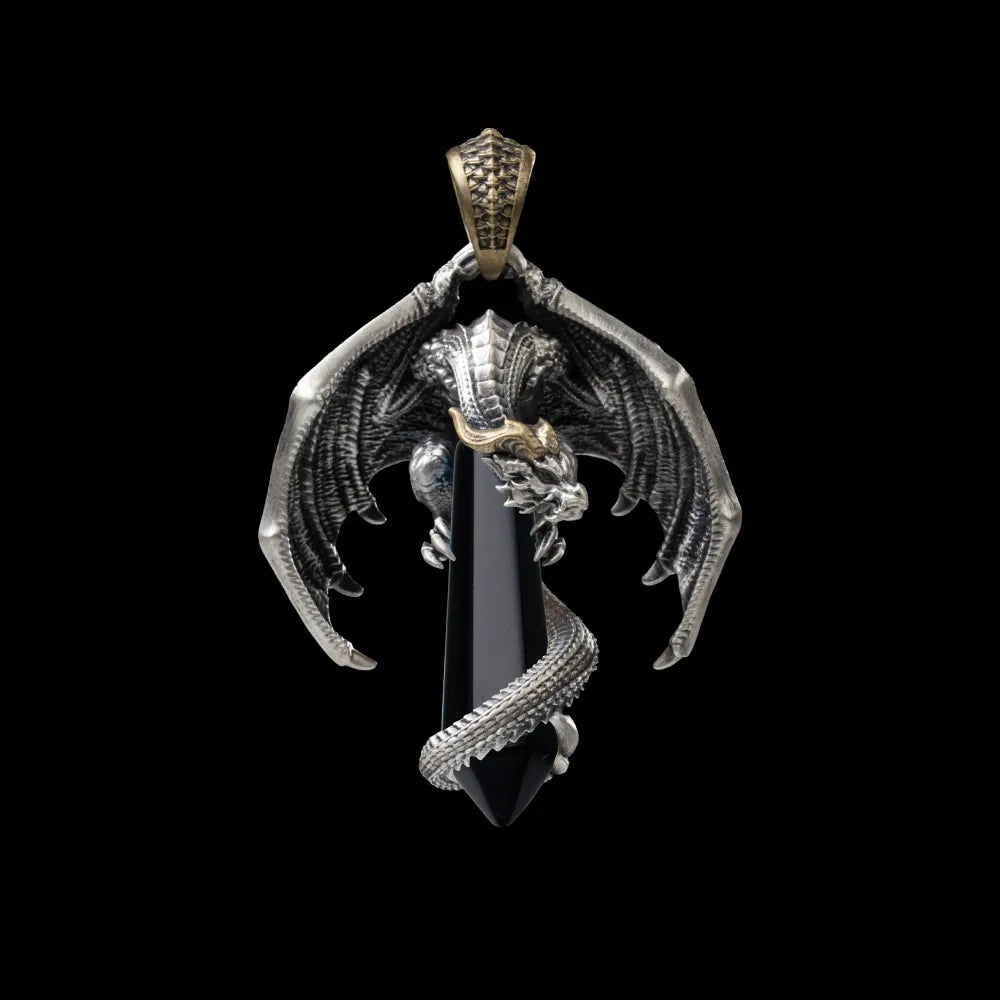 White Bronze With Brass Skybound Dragon Pendant Obsidian