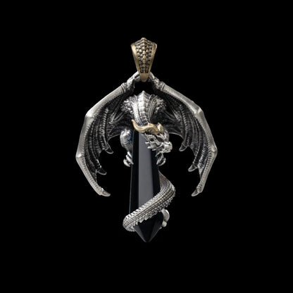 White Bronze With Brass Skybound Dragon Pendant Obsidian