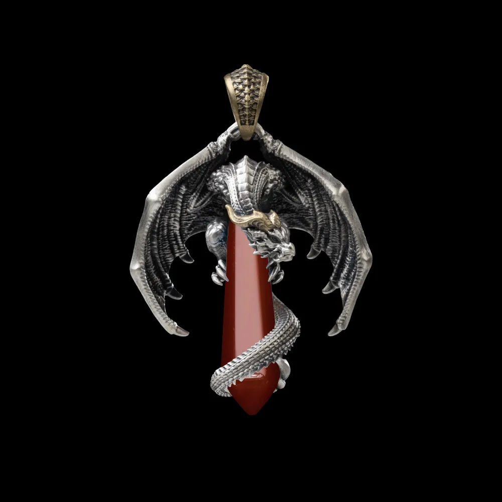 White Bronze With Brass Skybound Dragon Pendant Red Agate