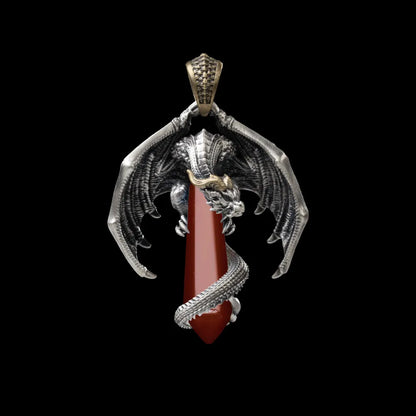 White Bronze With Brass Skybound Dragon Pendant Red Agate