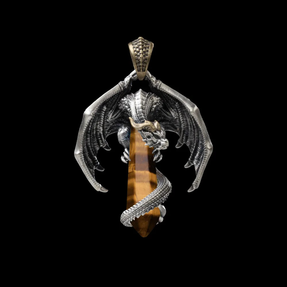White Bronze With Brass Skybound Dragon Pendant Tigers Eye