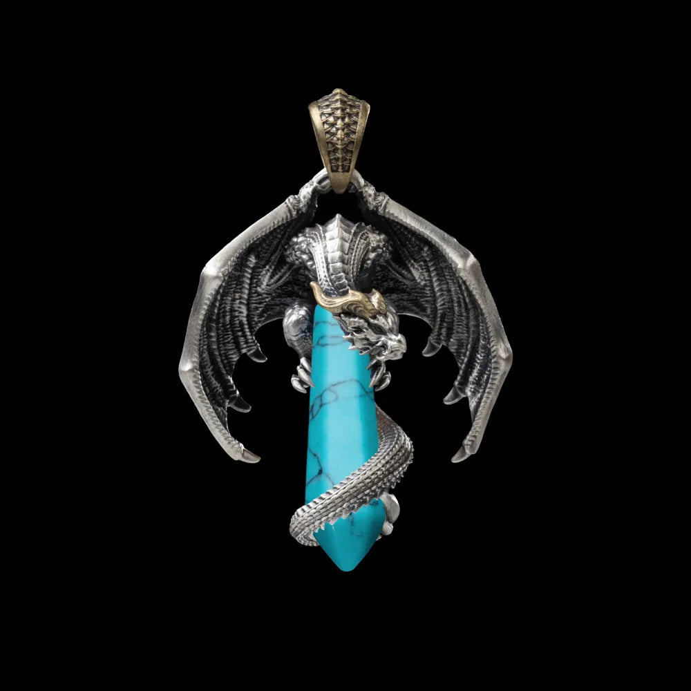 White Bronze With Brass Skybound Dragon Pendant Turquoise