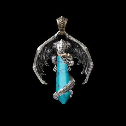 White Bronze With Brass Skybound Dragon Pendant Turquoise