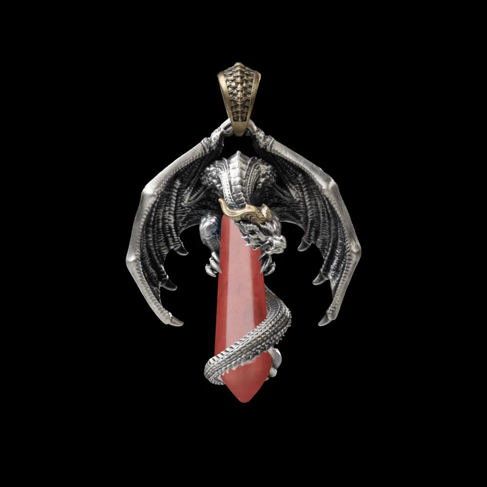 White Bronze With Brass Skybound Dragon Pendant Watermelon Red Crystal