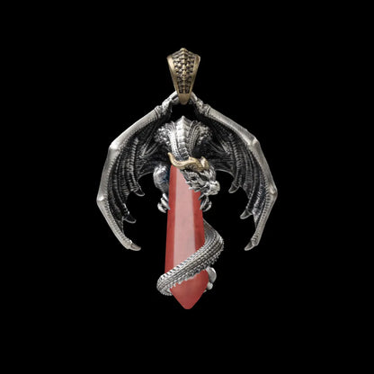 White Bronze With Brass Skybound Dragon Pendant Watermelon Red Crystal