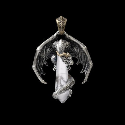 White Bronze With Brass Skybound Dragon Pendant White Turquoise