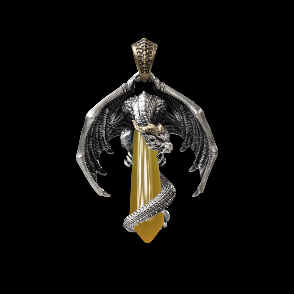 White Bronze With Brass Skybound Dragon Pendant Yellow Jade