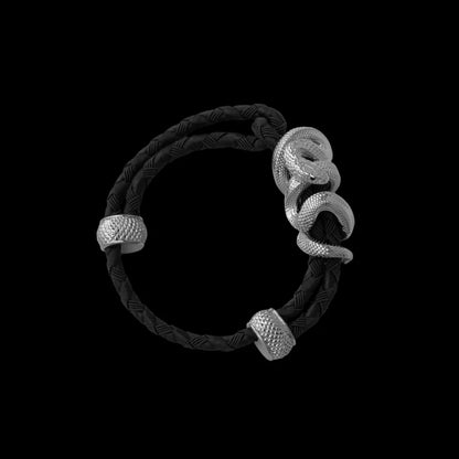 Black Mamba rope bracelet in 18K White Gold Plated White Bronze with 4mm Braided Rope and & Black cord, black-background variant view