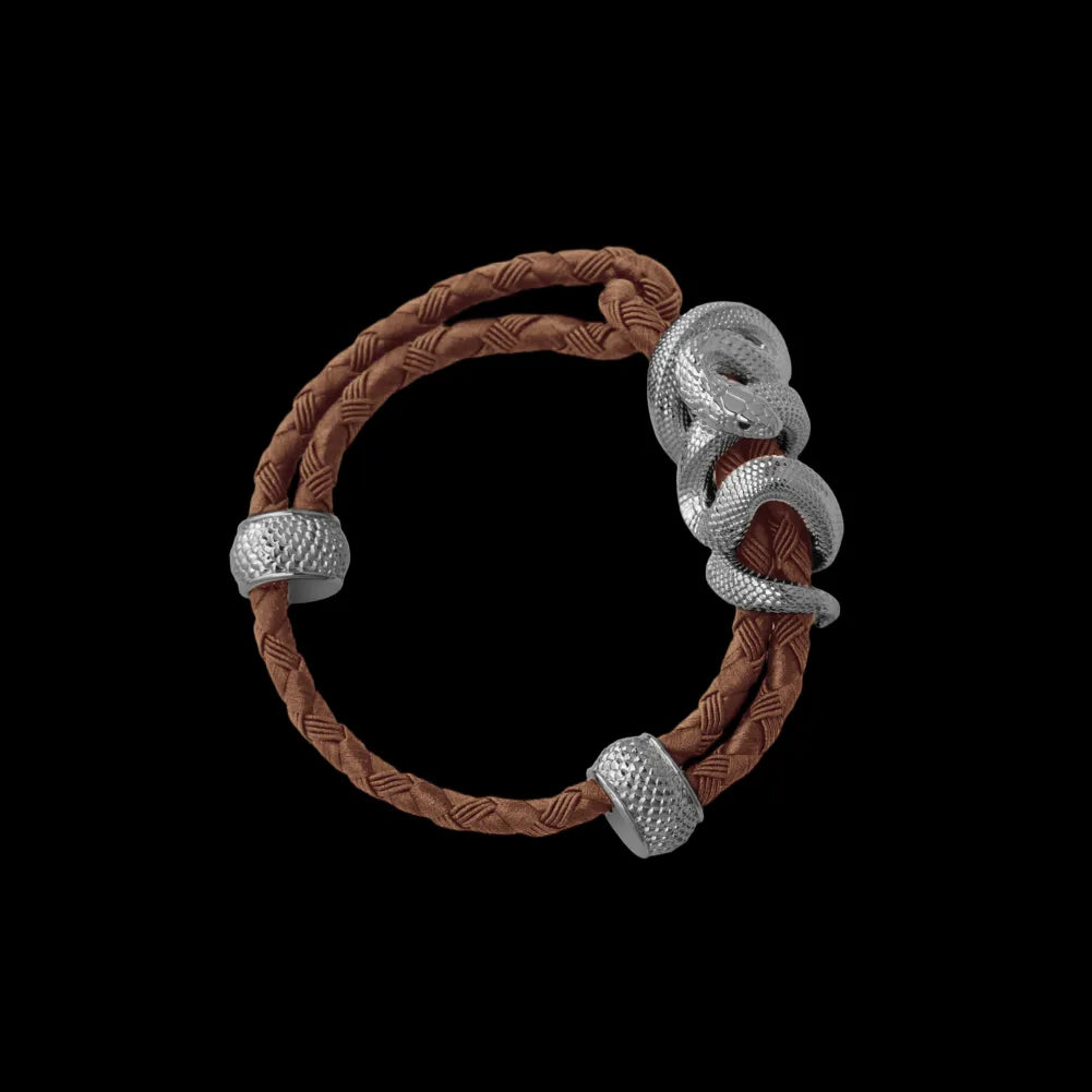 Black Mamba rope bracelet in 18K White Gold Plated White Bronze with 4mm Braided Rope and & Dark Beige cord, black-background variant view