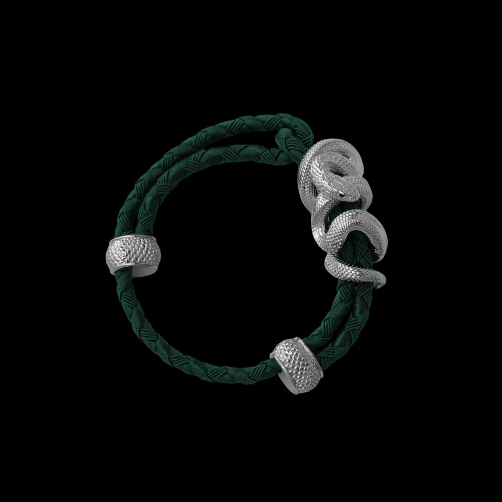 Black Mamba rope bracelet in 18K White Gold Plated White Bronze with 4mm Braided Rope and & Dark Green cord, black-background variant view