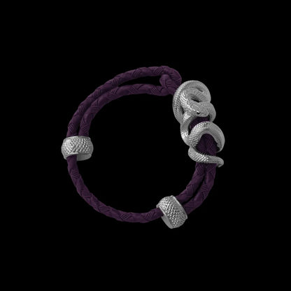 Black Mamba rope bracelet in 18K White Gold Plated White Bronze with 4mm Braided Rope and & Dark Purple cord, black-background variant view