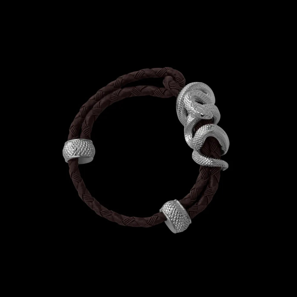 Black Mamba rope bracelet in 18K White Gold Plated White Bronze with 4mm Braided Rope and & Deep Coffee cord, black-background variant view