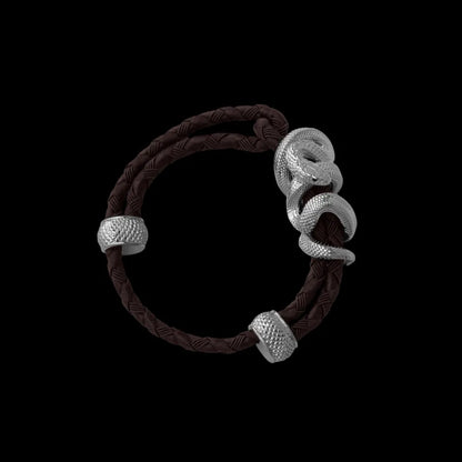 Black Mamba rope bracelet in 18K White Gold Plated White Bronze with 4mm Braided Rope and & Deep Coffee cord, black-background variant view