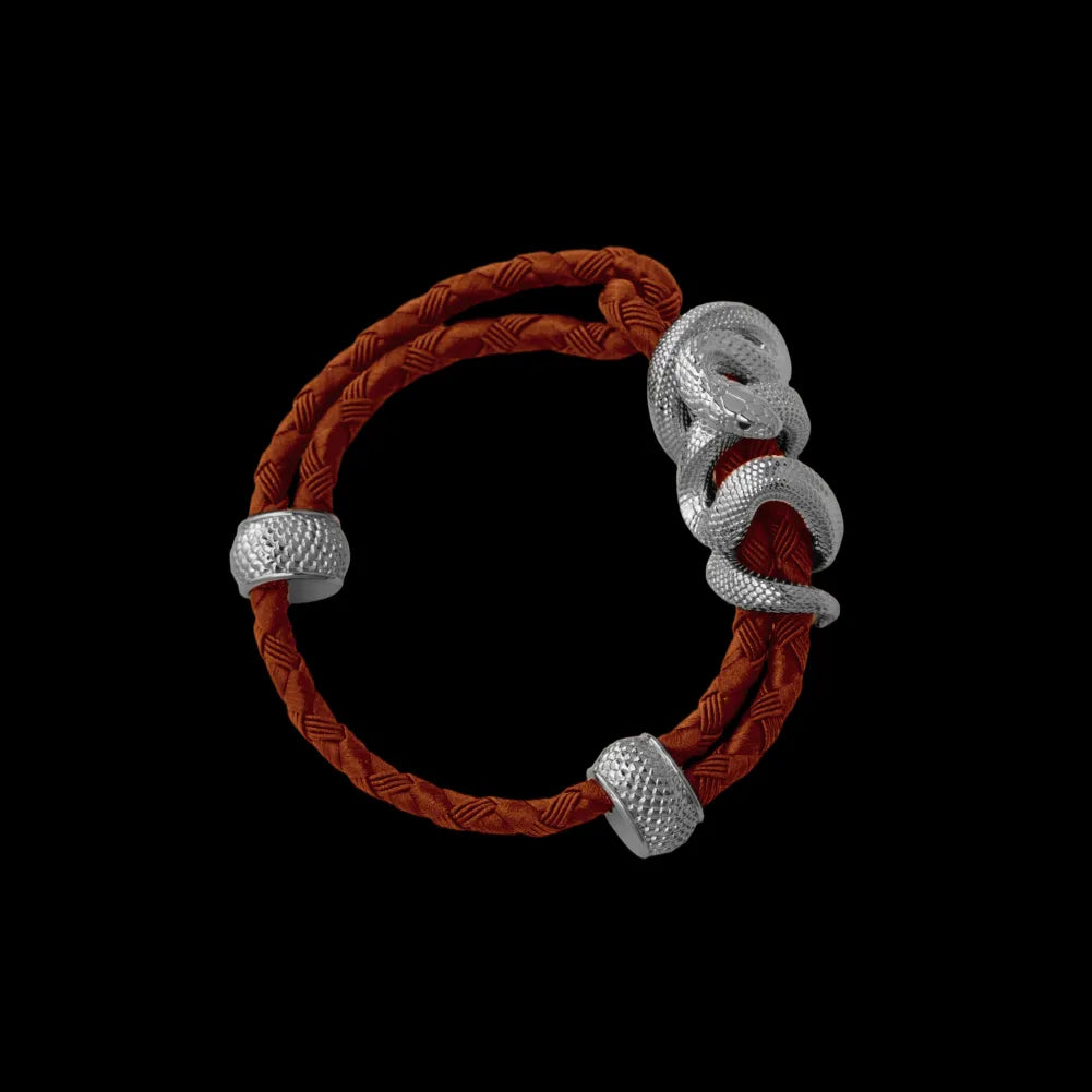 Black Mamba rope bracelet in 18K White Gold Plated White Bronze with 4mm Braided Rope and & Deep Orange cord, black-background variant view