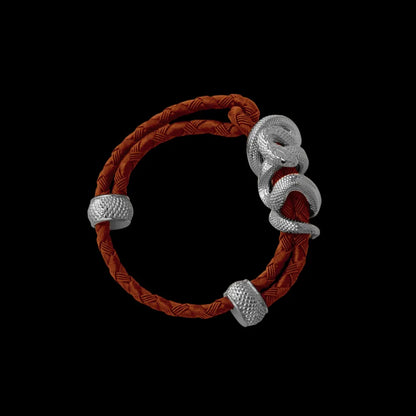 Black Mamba rope bracelet in 18K White Gold Plated White Bronze with 4mm Braided Rope and & Deep Orange cord, black-background variant view