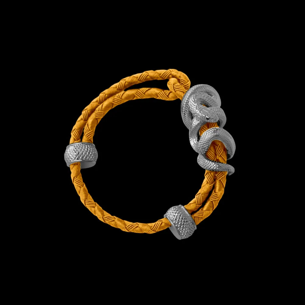 Black Mamba rope bracelet in 18K White Gold Plated White Bronze with 4mm Braided Rope and & Gold cord, black-background variant view