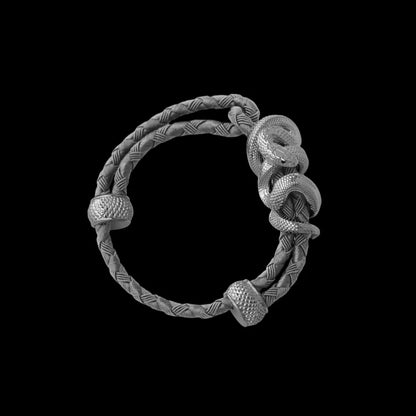 Black Mamba rope bracelet in 18K White Gold Plated White Bronze with 4mm Braided Rope and & Gray cord, black-background variant view