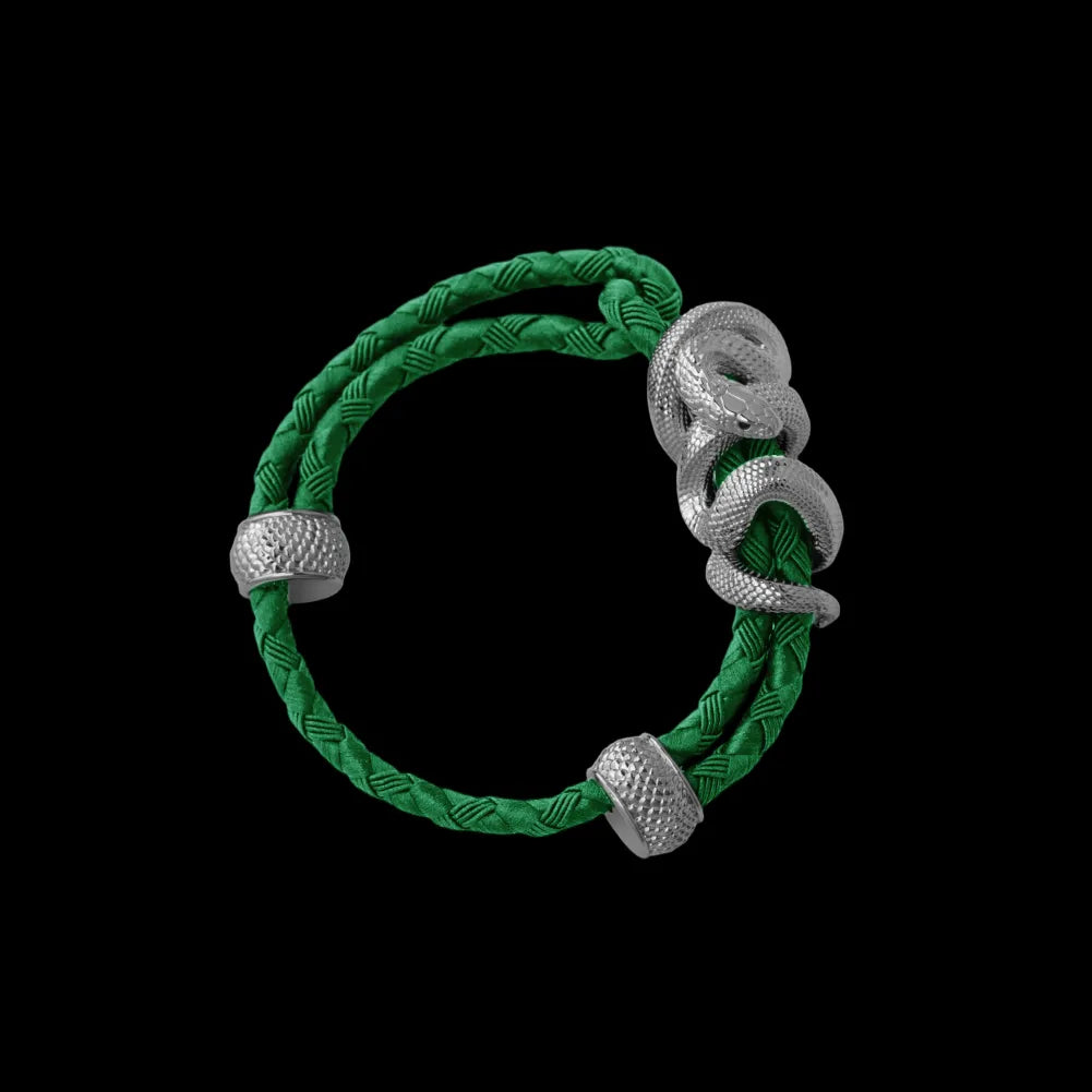 Black Mamba rope bracelet in 18K White Gold Plated White Bronze with 4mm Braided Rope and & Green cord, black-background variant view