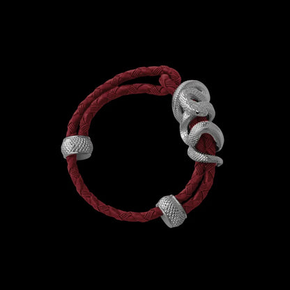 Black Mamba rope bracelet in 18K White Gold Plated White Bronze with 4mm Braided Rope and & Jujube Red cord, black-background variant view