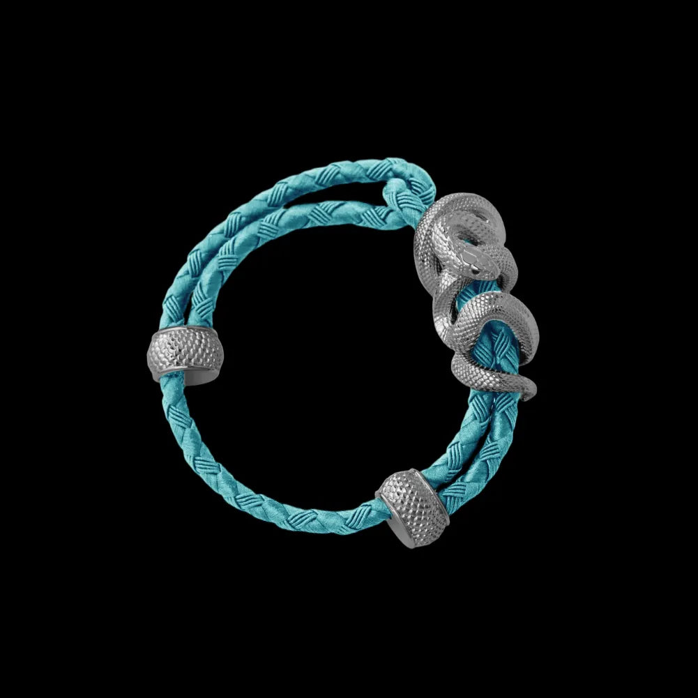 Black Mamba rope bracelet in 18K White Gold Plated White Bronze with 4mm Braided Rope and & Light Blue cord, black-background variant view