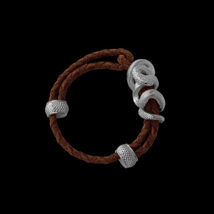 Black Mamba rope bracelet in 18K White Gold Plated White Bronze with 4mm Braided Rope and & Light Brown cord, black-background variant view