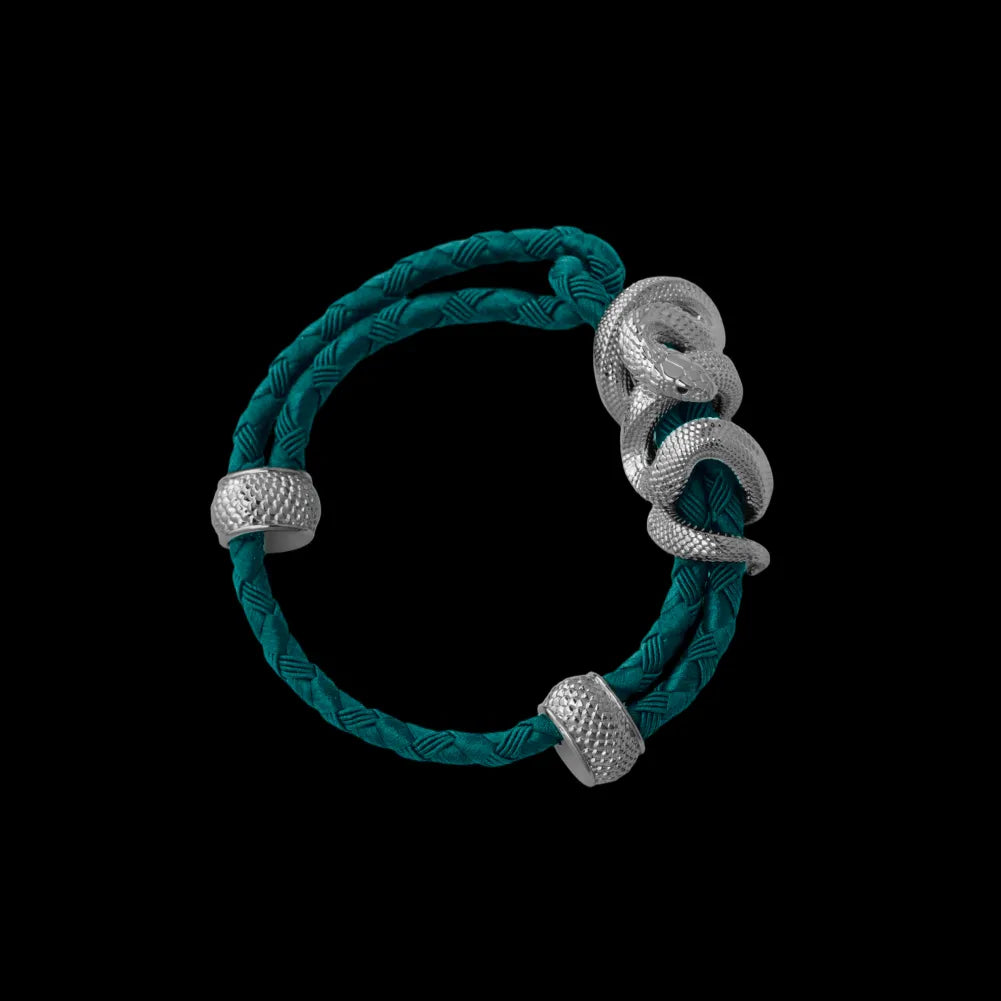Black Mamba rope bracelet in 18K White Gold Plated White Bronze with 4mm Braided Rope and & Light Ink Green cord, black-background variant view