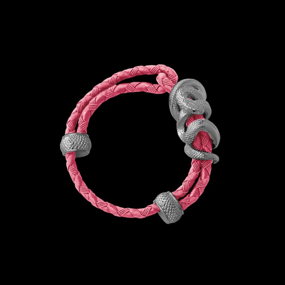 Black Mamba rope bracelet in 18K White Gold Plated White Bronze with 4mm Braided Rope and & Light Pink cord, black-background variant view