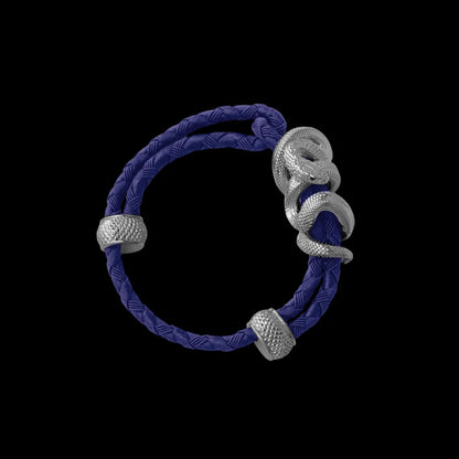 Black Mamba rope bracelet in 18K White Gold Plated White Bronze with 4mm Braided Rope and & Vivid Blue cord, black-background variant view