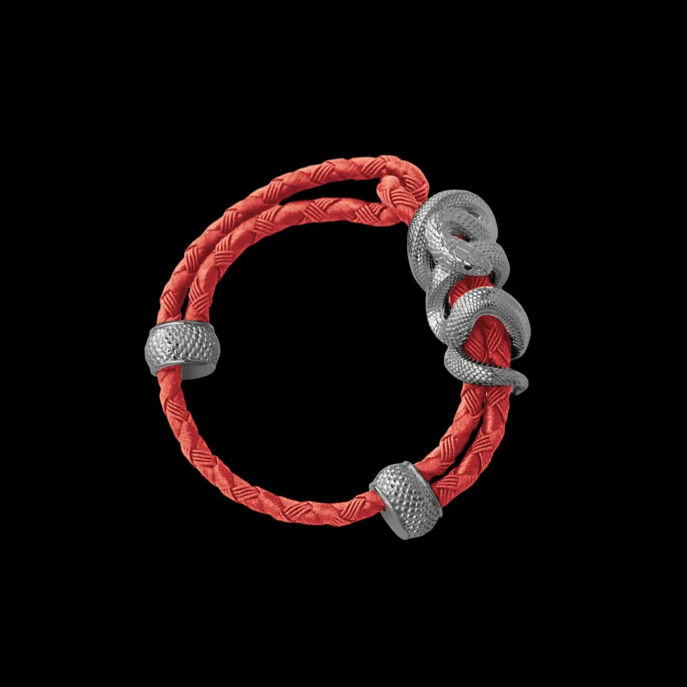 Black Mamba rope bracelet in 18K White Gold Plated White Bronze with 4mm Braided Rope and & Watermelon Red cord, black-background variant view