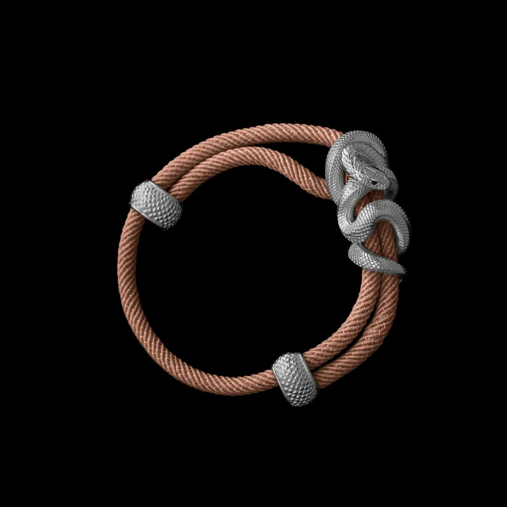 Black Mamba rope bracelet in 18K White Gold Plated White Bronze with 4mm Milan Rope and Apricot cord, black-background variant view