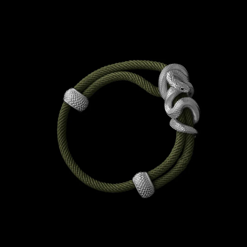 Black Mamba rope bracelet in 18K White Gold Plated White Bronze with 4mm Milan Rope and Army Green cord, black-background variant view
