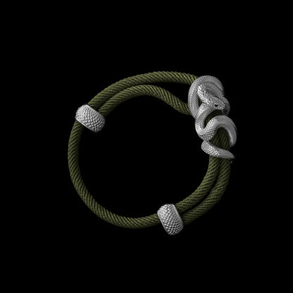 Black Mamba rope bracelet in 18K White Gold Plated White Bronze with 4mm Milan Rope and Army Green cord, black-background variant view
