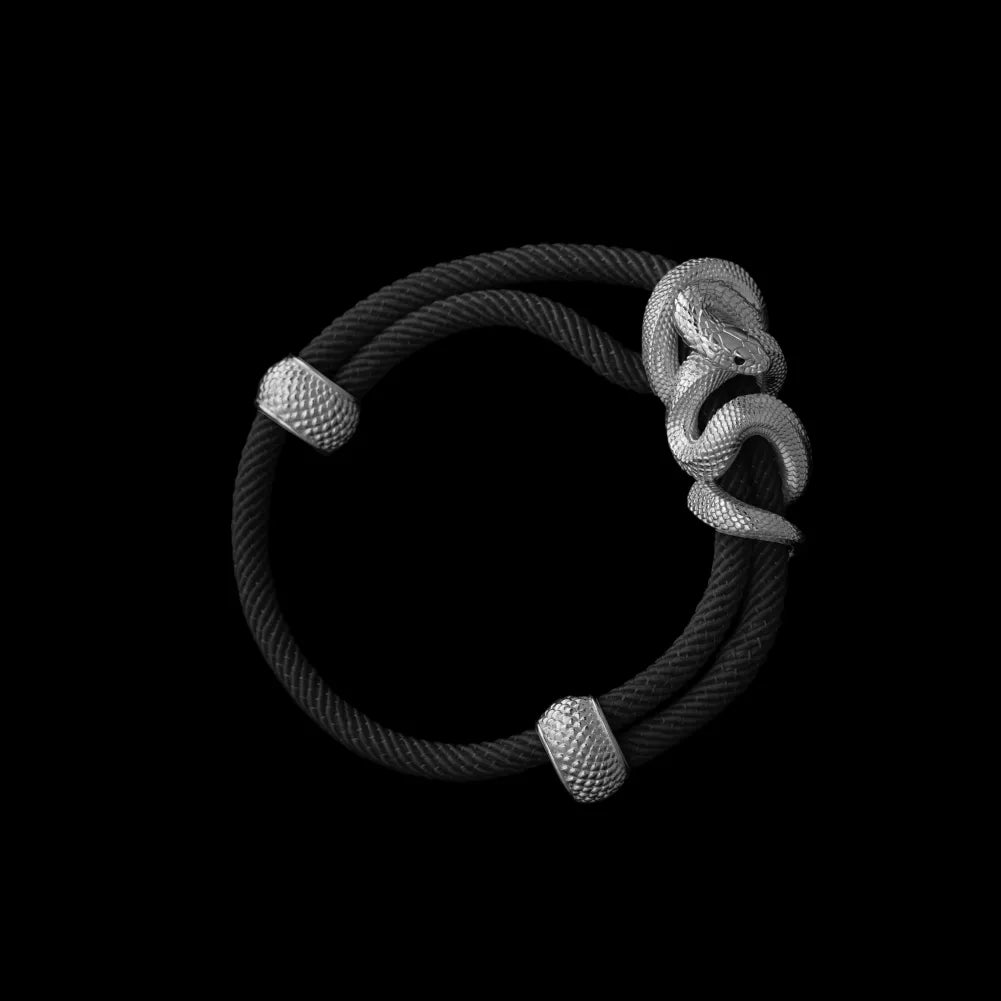 Black Mamba rope bracelet in 18K White Gold Plated White Bronze with 4mm Milan Rope and Black cord, black-background variant view