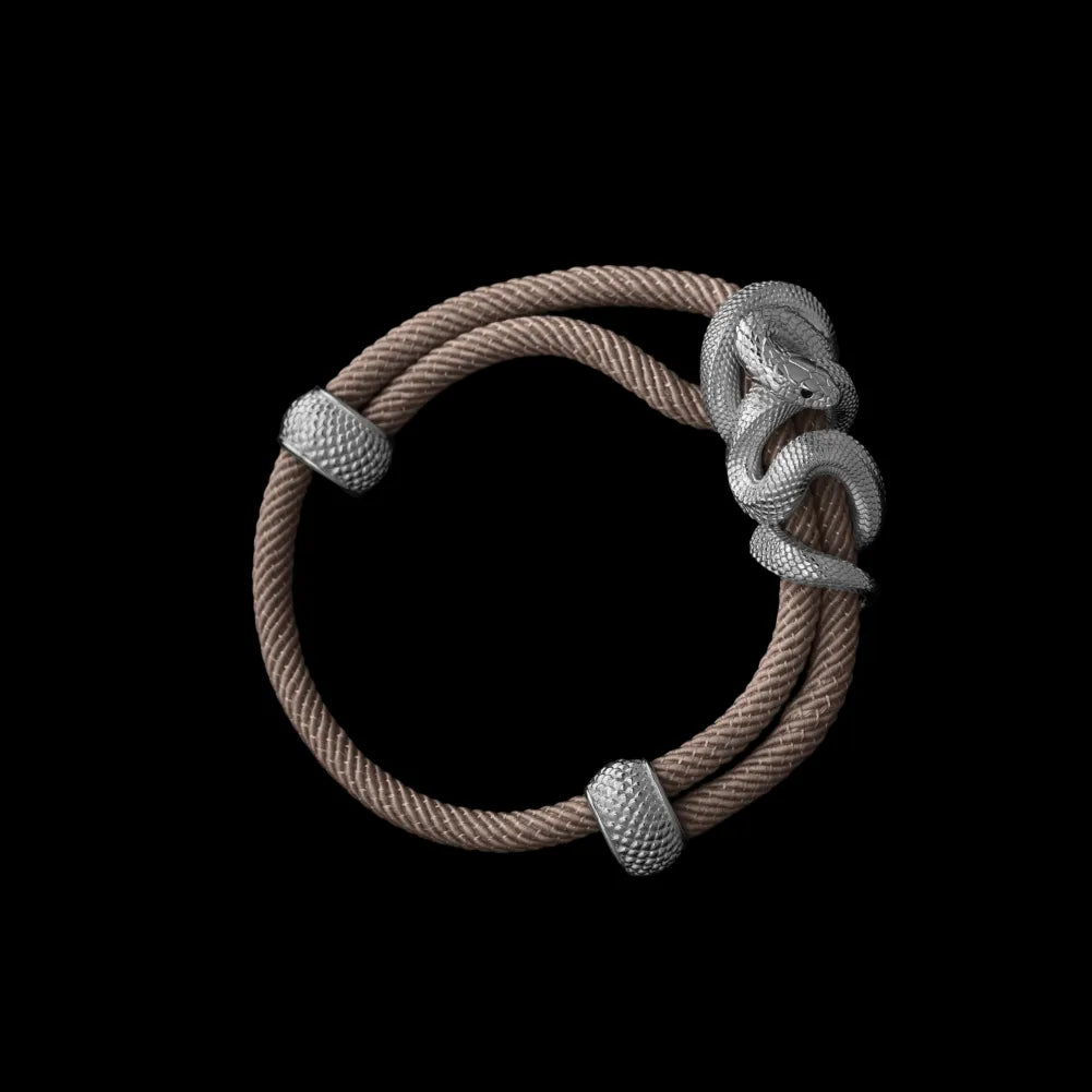 Black Mamba rope bracelet in 18K White Gold Plated White Bronze with 4mm Milan Rope and Camel cord, black-background variant view