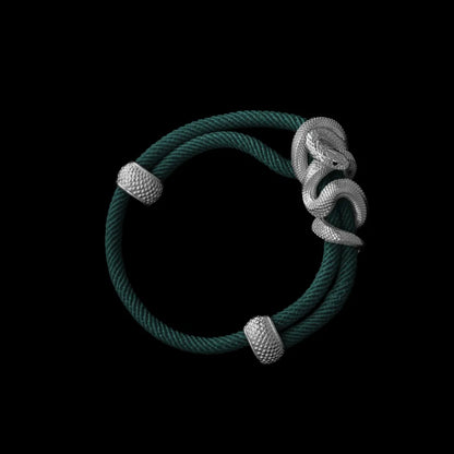 Black Mamba rope bracelet in 18K White Gold Plated White Bronze with 4mm Milan Rope and Dark Green cord, black-background variant view
