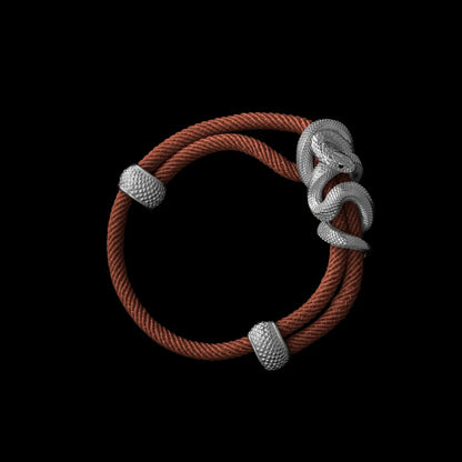Black Mamba rope bracelet in 18K White Gold Plated White Bronze with 4mm Milan Rope and Dark Orange cord, black-background variant view