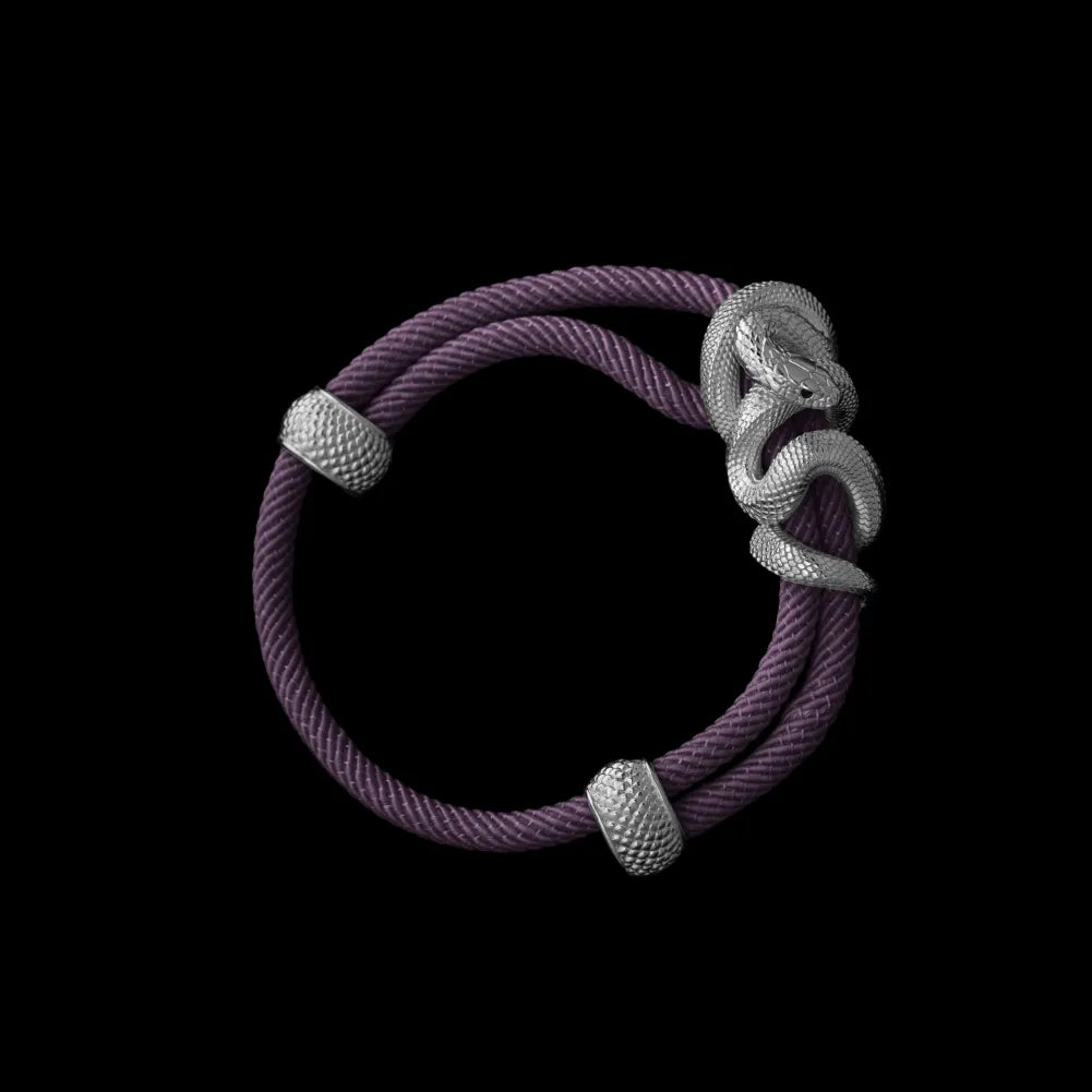 Black Mamba rope bracelet in 18K White Gold Plated White Bronze with 4mm Milan Rope and Dark Purple cord, black-background variant view