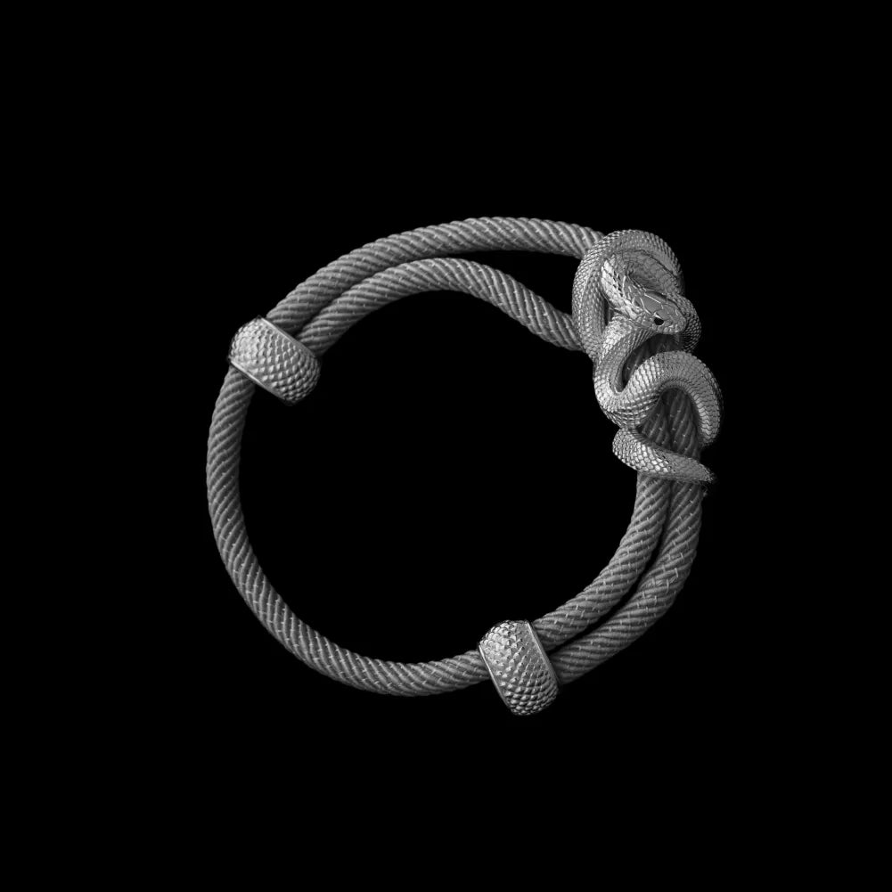 Black Mamba rope bracelet in 18K White Gold Plated White Bronze with 4mm Milan Rope and Gray cord, black-background variant view