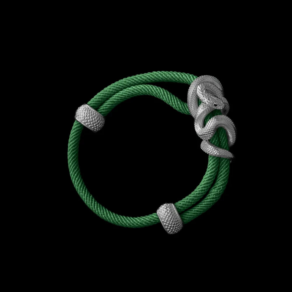 Black Mamba rope bracelet in 18K White Gold Plated White Bronze with 4mm Milan Rope and Green cord, black-background variant view