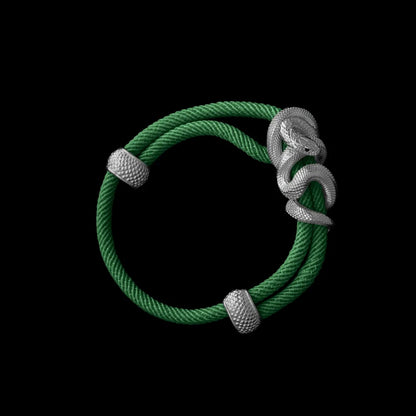 Black Mamba rope bracelet in 18K White Gold Plated White Bronze with 4mm Milan Rope and Green cord, black-background variant view