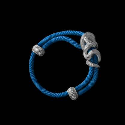 Black Mamba rope bracelet in 18K White Gold Plated White Bronze with 4mm Milan Rope and Indigo cord, black-background variant view