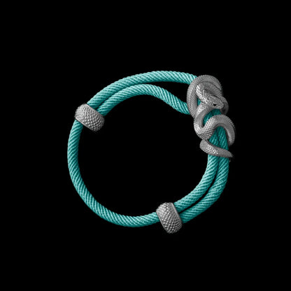 Black Mamba rope bracelet in 18K White Gold Plated White Bronze with 4mm Milan Rope and Light Blue cord, black-background variant view