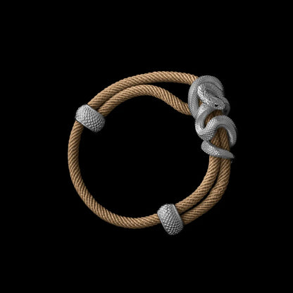Black Mamba rope bracelet in 18K White Gold Plated White Bronze with 4mm Milan Rope and Light Khaki cord, black-background variant view