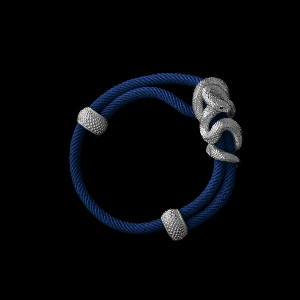 Black Mamba rope bracelet in 18K White Gold Plated White Bronze with 4mm Milan Rope and Navy Blue cord, black-background variant view