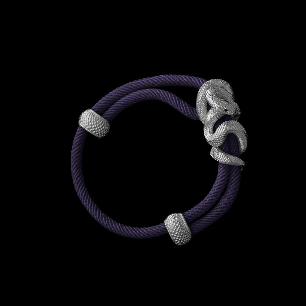 Black Mamba rope bracelet in 18K White Gold Plated White Bronze with 4mm Milan Rope and Purple cord, black-background variant view