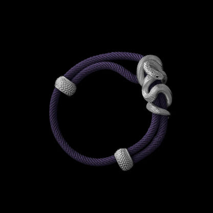 Black Mamba rope bracelet in 18K White Gold Plated White Bronze with 4mm Milan Rope and Purple cord, black-background variant view