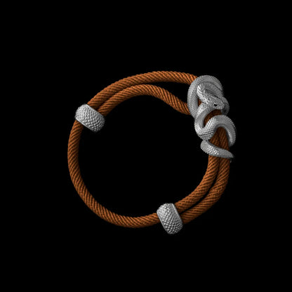 Black Mamba rope bracelet in 18K White Gold Plated White Bronze with 4mm Milan Rope and Reddish Brown cord, black-background variant view
