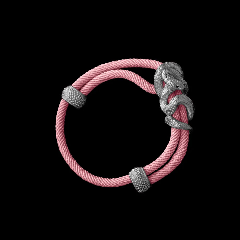 Black Mamba rope bracelet in 18K White Gold Plated White Bronze with 4mm Milan Rope and Strawberry Cream cord, black-background variant view
