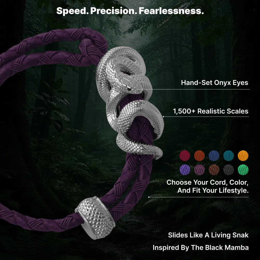 Black Mamba Rope Bracelet in 18K White Gold Plated White Bronze, design features, sculpted scales and cord color choices shown in an infographic.